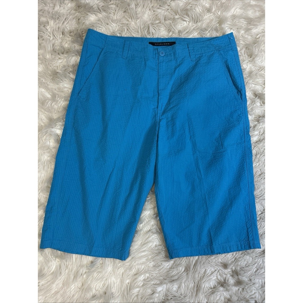 Vintage Sean John Men's 90's Y2K Long Shorts Blue Size 36 Stripe Textured Cotton
